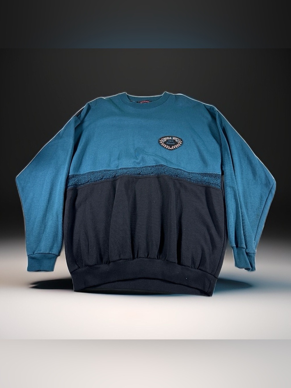 Vintage 90s Bugle Boy Colorblock Sweatshirt Mens XL Teal Black Knit Stripe USA E